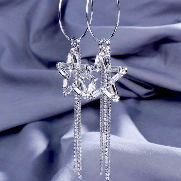 Silver Stars Dazzling Long Tassel Chains Hoop Earrings NEW - Picture 2 of 4